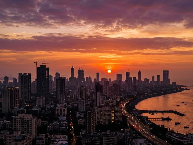 A city skyline at sunset